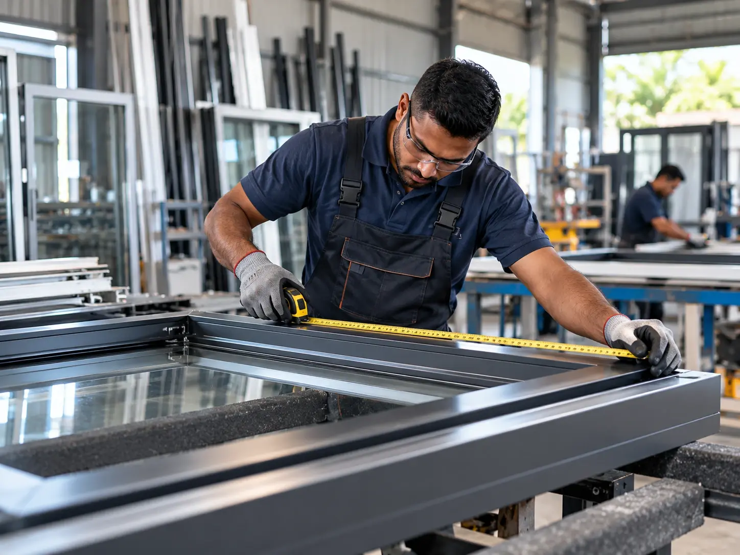 Technician measuring an aluminium frame with a tape measure in a workshop