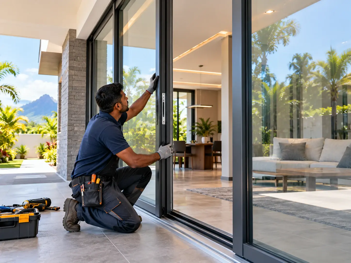Installer fitting and adjusting an aluminium sliding door on site