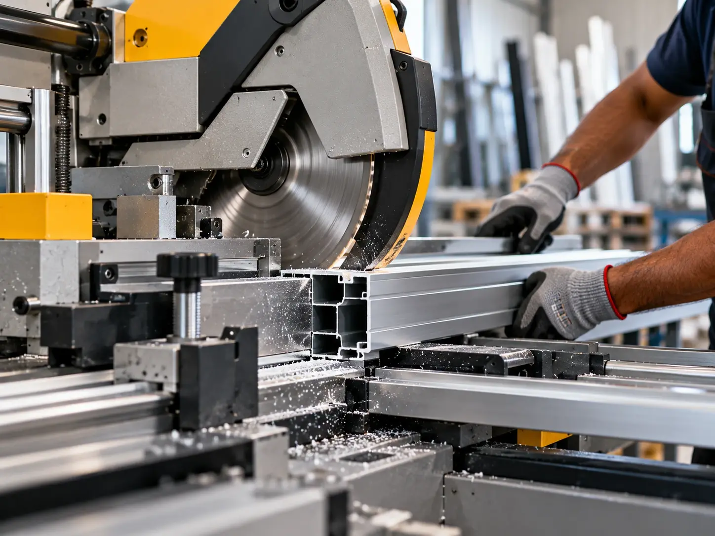 Aluminium profile being cut to length on a precision mitre saw