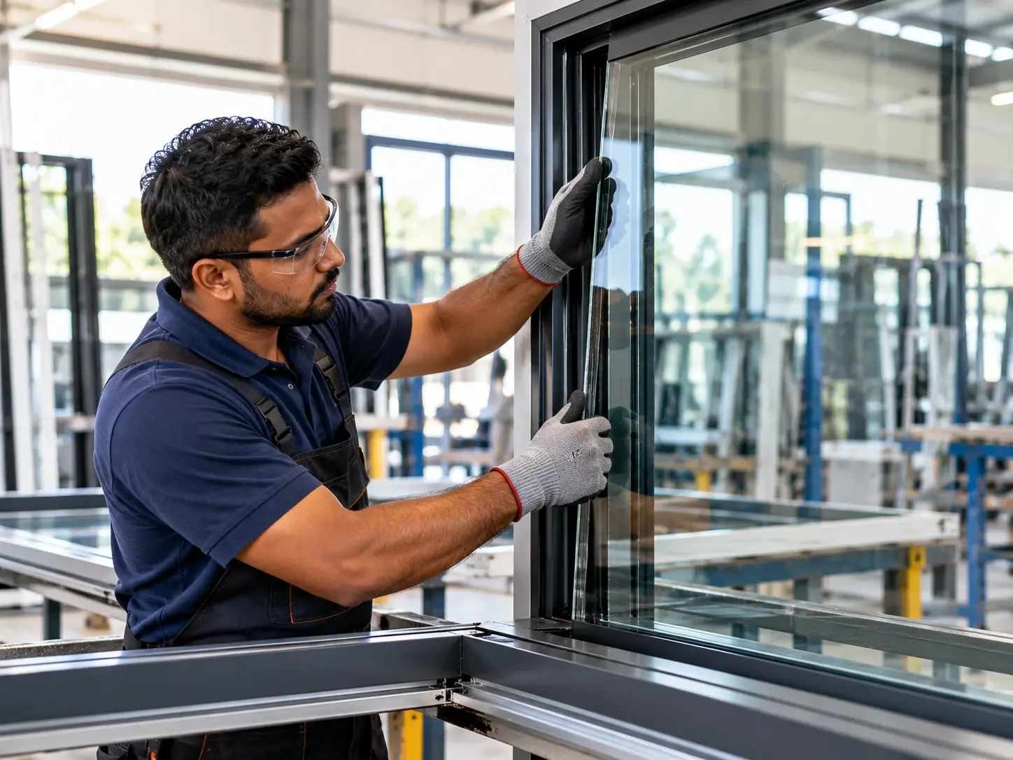 Technician positioning a glass panel into an aluminium frame in a workshop