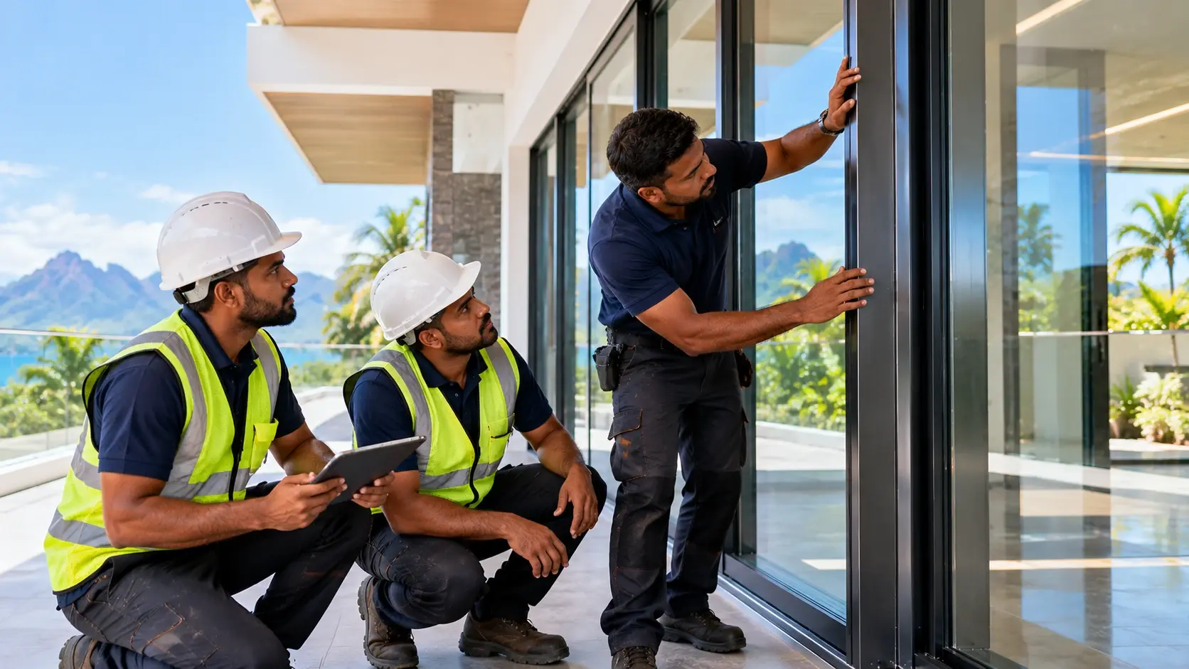 Team checking an installed aluminium door on site with a tablet