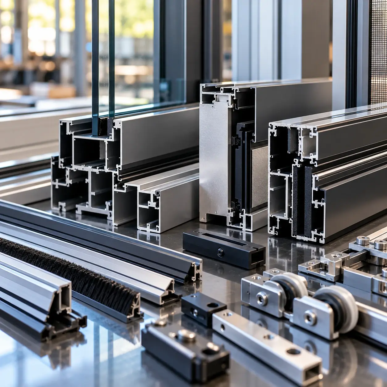 Aluminium window and door profiles, rollers and hardware laid out for preparation