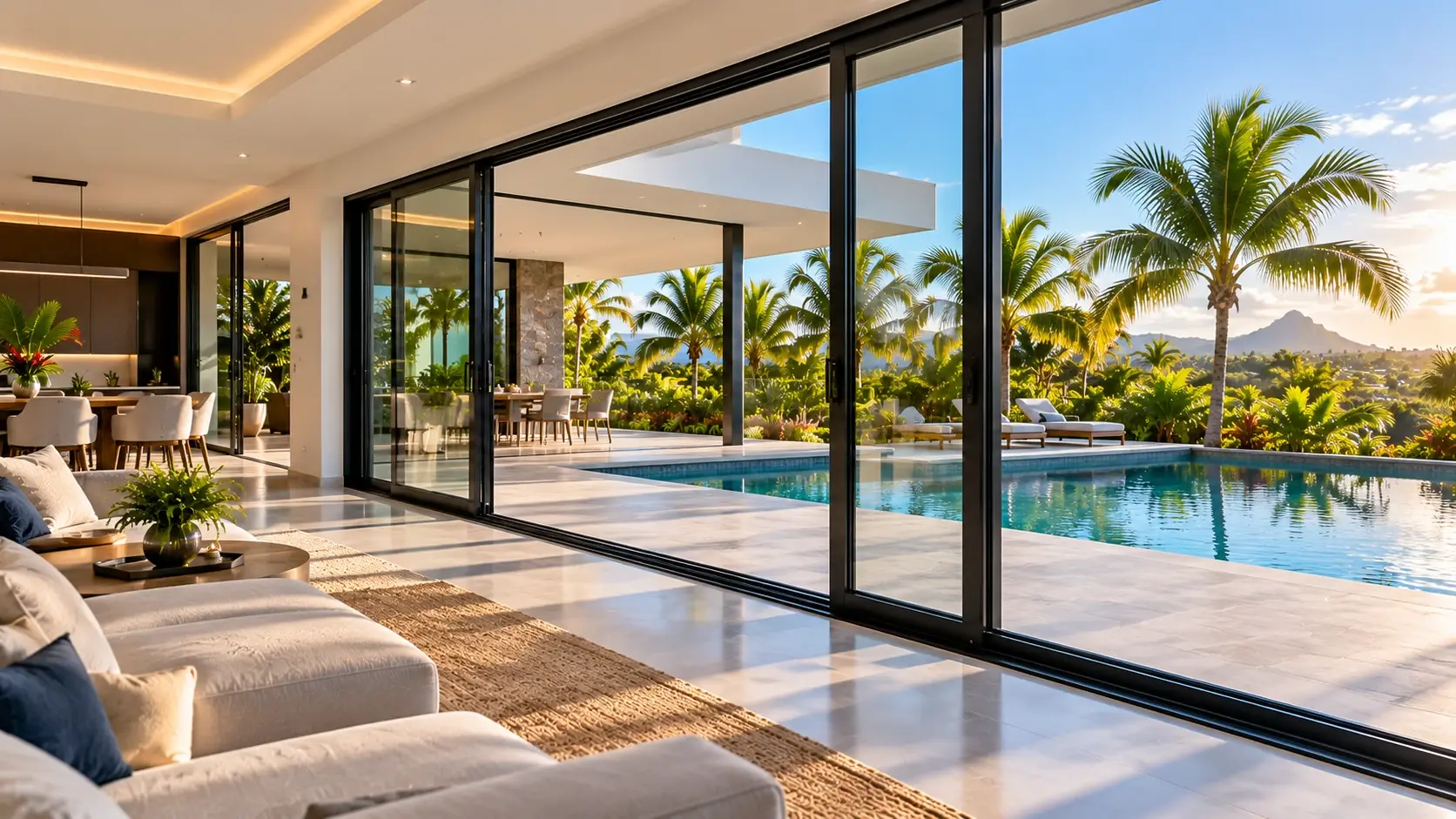 Wide aluminium sliding patio doors opening a living room onto a pool terrace