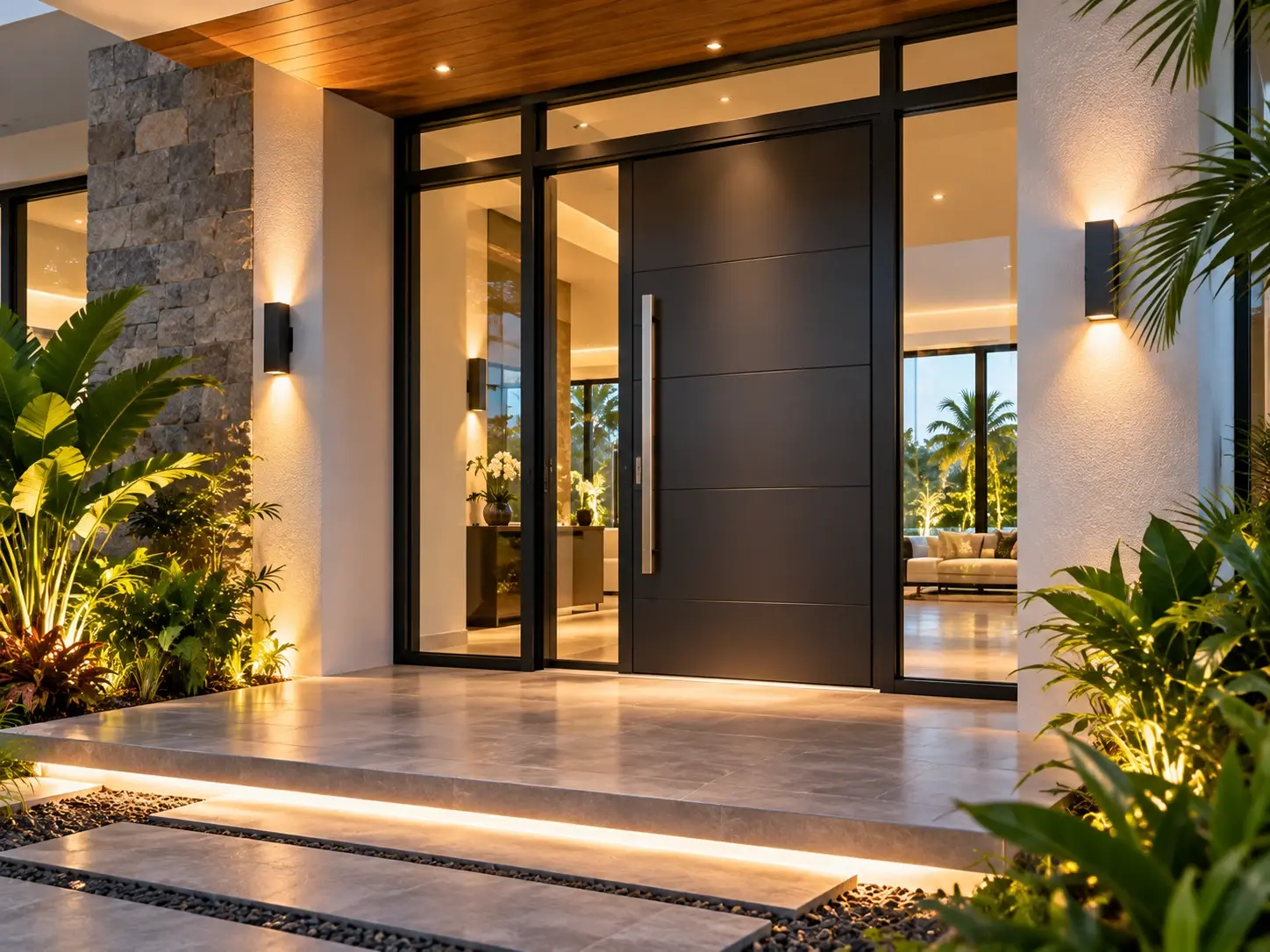 Black aluminium pivot entrance door with full-height glass side panels