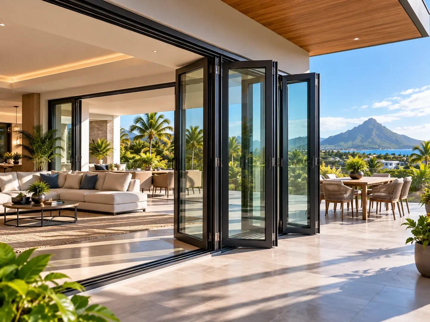 Aluminium bifold doors folded open onto a terrace with a mountain view