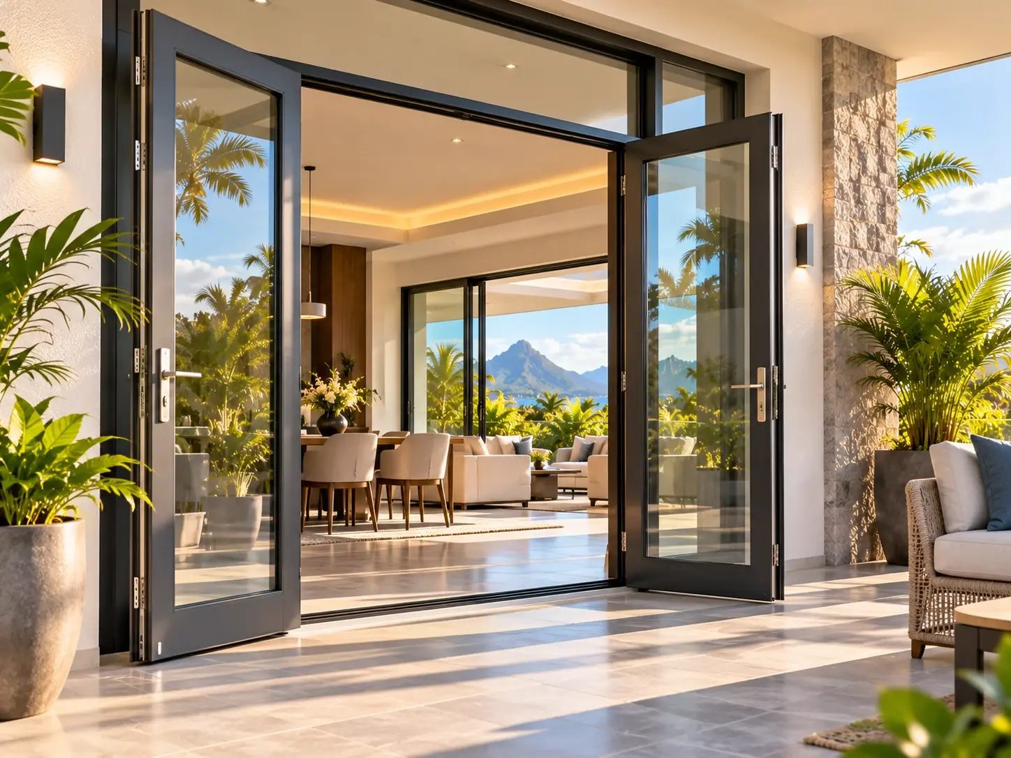 Double hinged aluminium glass doors opening into a dining and living area