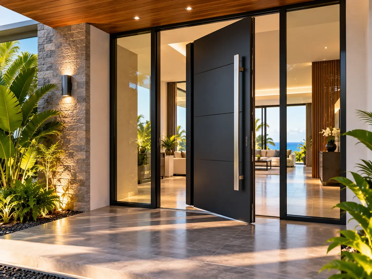 Open black aluminium pivot door revealing a bright interior with sea view