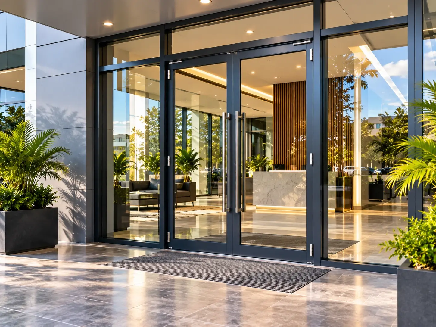 Commercial double aluminium glass entrance doors with a glazed shopfront