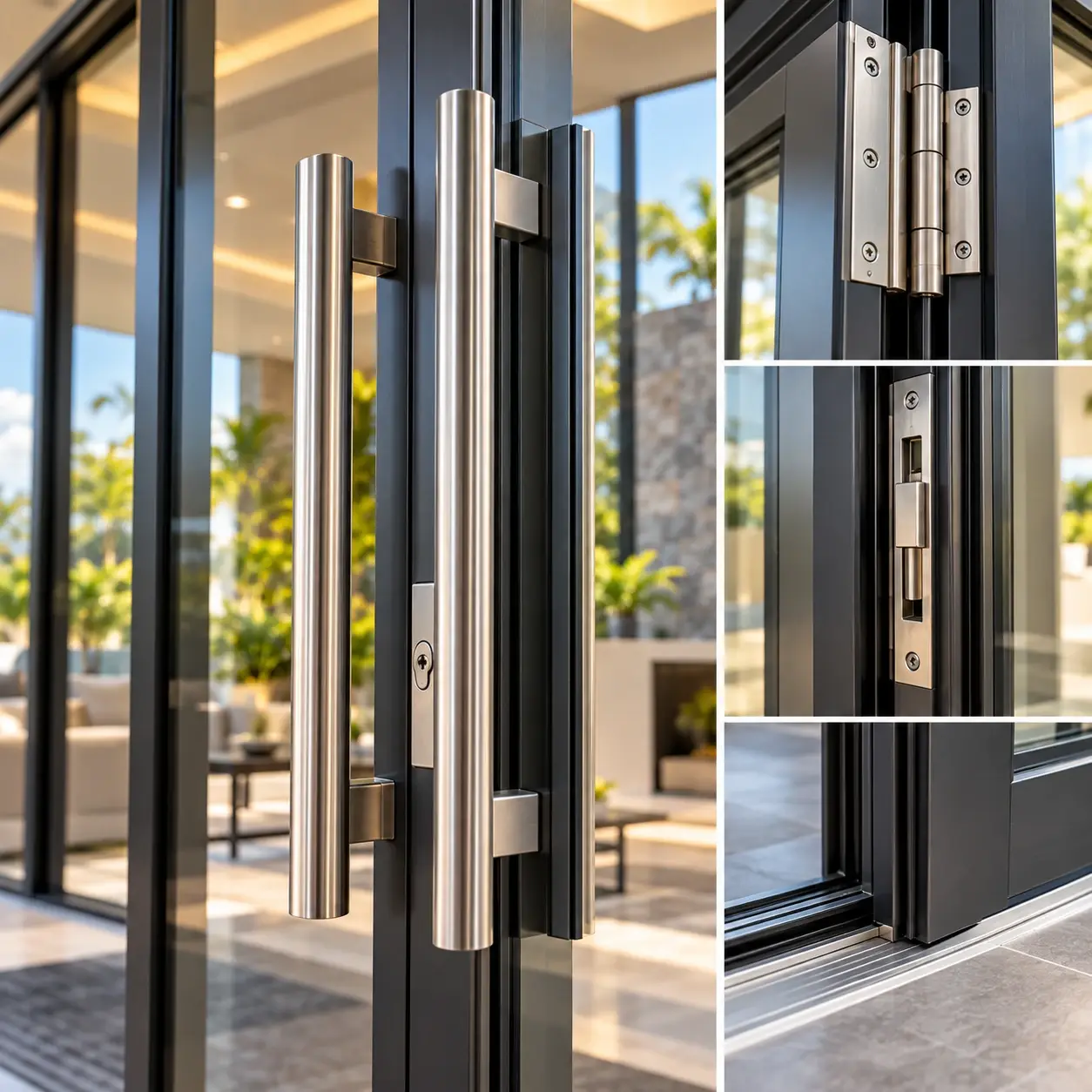 Details of aluminium door pull handles, hinges and locking hardware