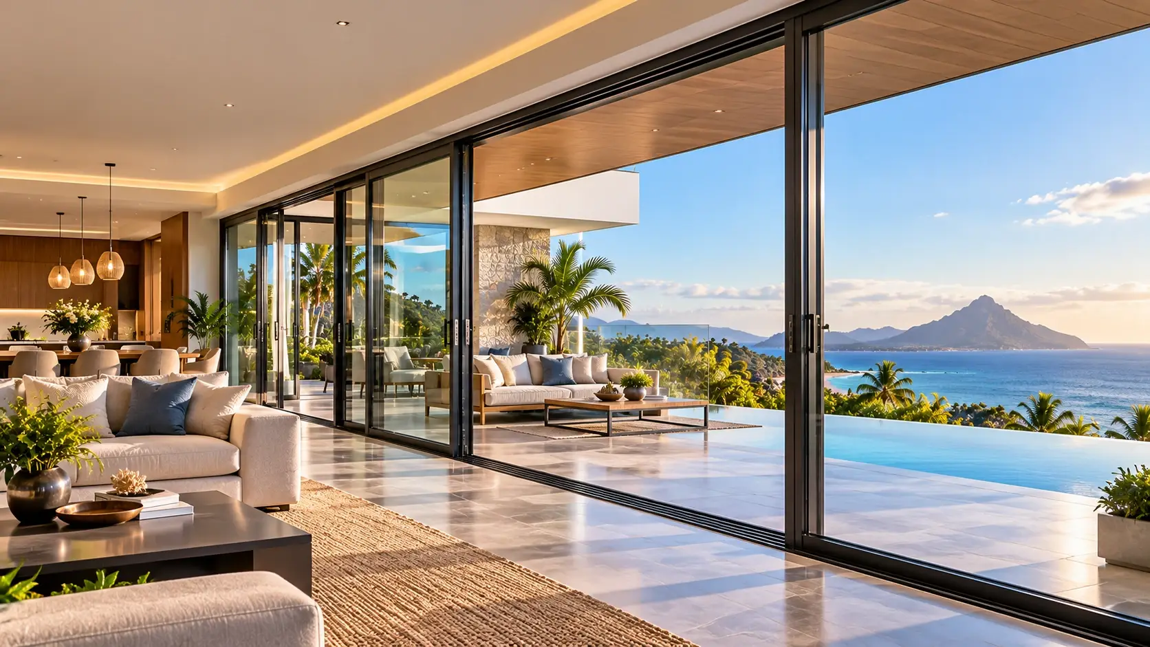 Expansive aluminium sliding doors opening onto an infinity pool and ocean view