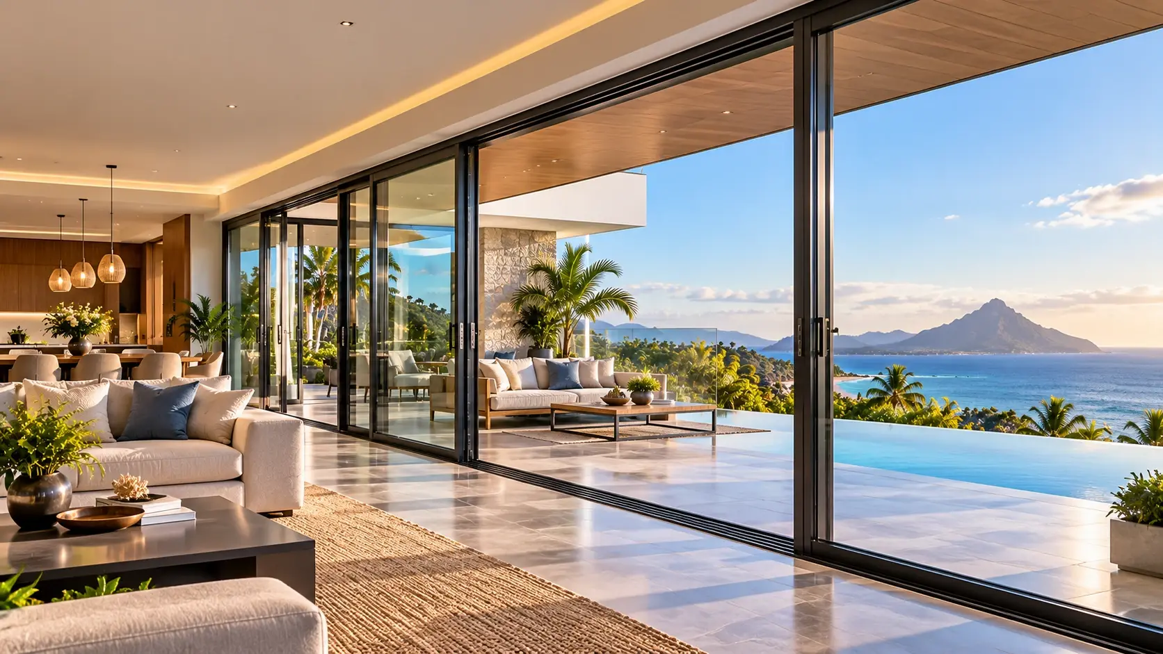 Expansive aluminium sliding doors opening onto an infinity pool and ocean view
