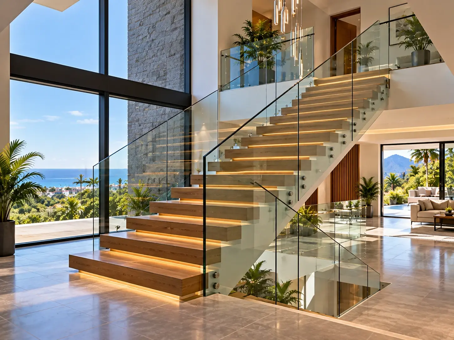 Floating timber staircase with a frameless glass balustrade