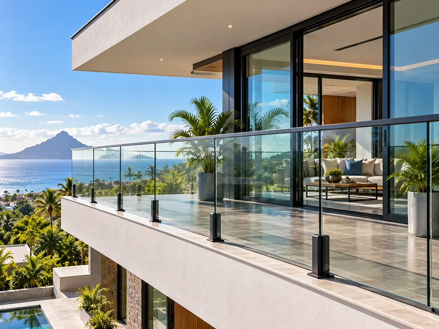 Balcony with a glass balustrade overlooking tropical gardens and the sea