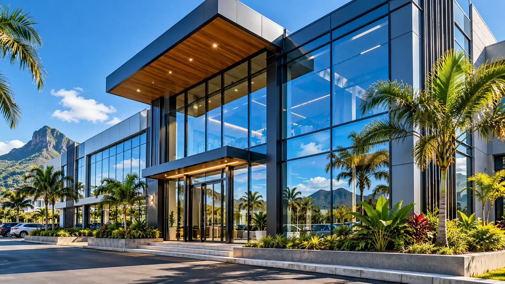 Commercial building with floor-to-ceiling aluminium-framed glazing and a mountain backdrop
