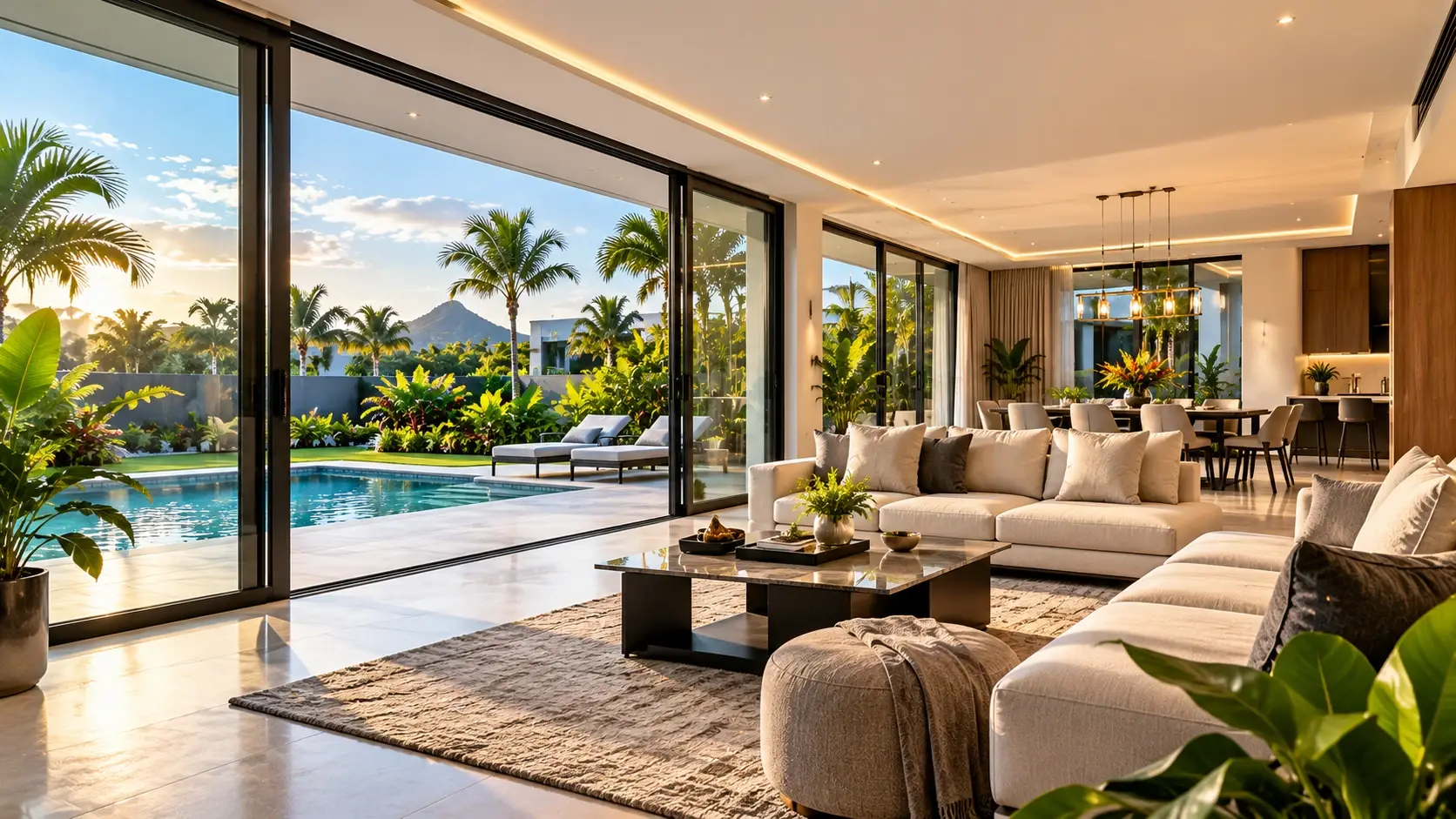 Open-plan living room connected to a pool terrace through wide aluminium sliding glass doors