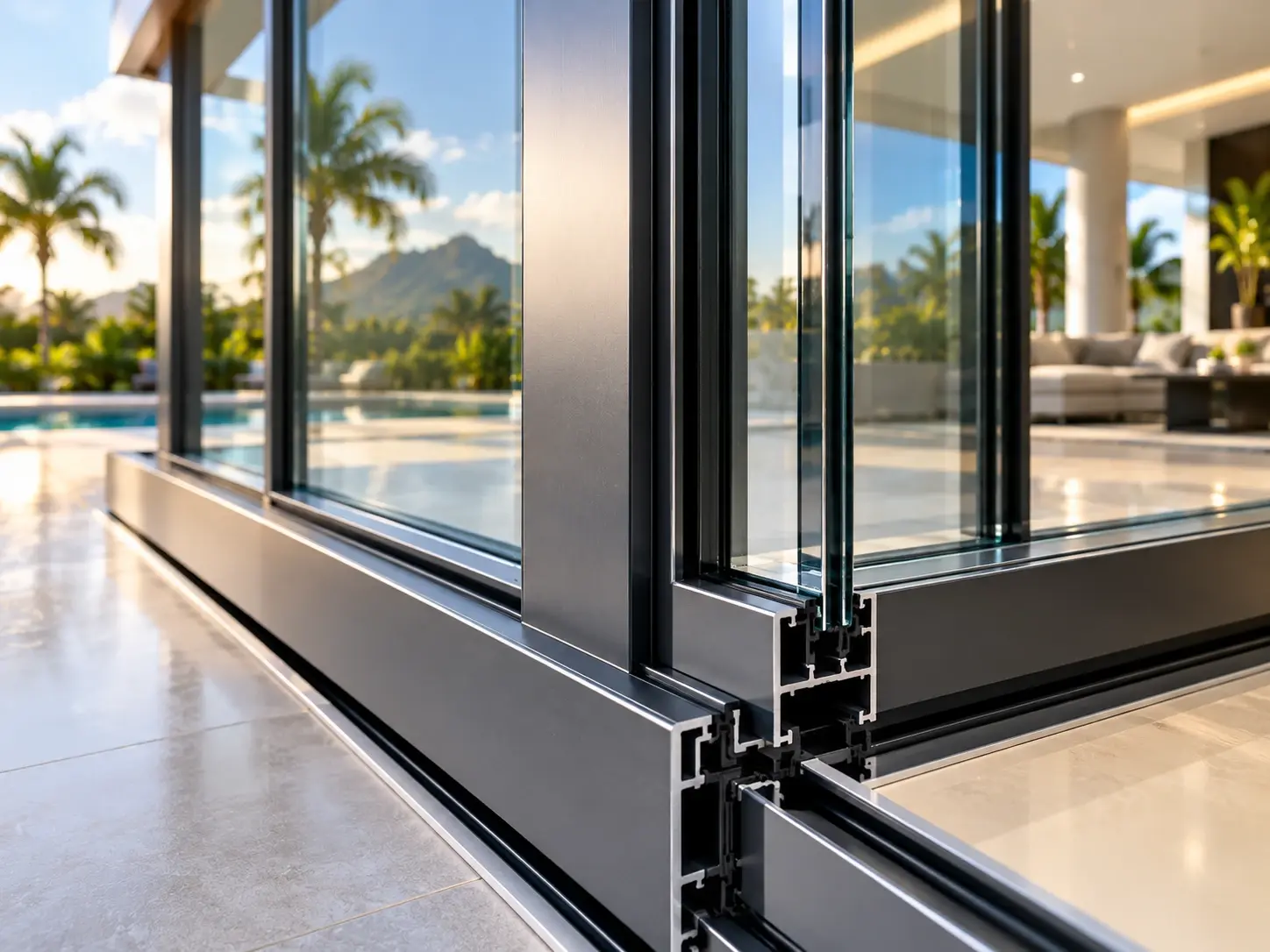 Close-up of slim aluminium sliding door profiles and track beside a pool terrace
