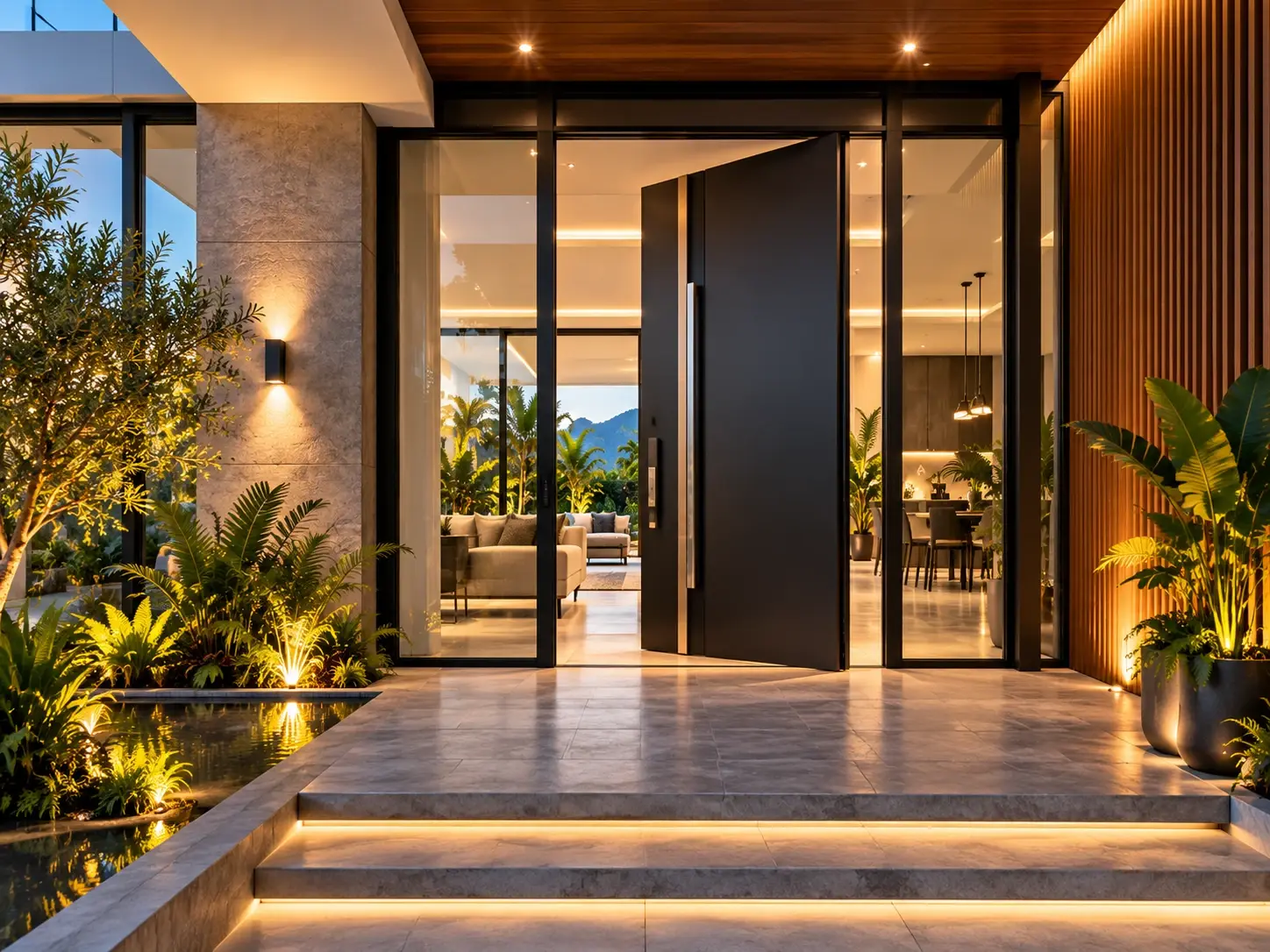 Illuminated entrance with a black aluminium pivot door, glass side panels and timber cladding