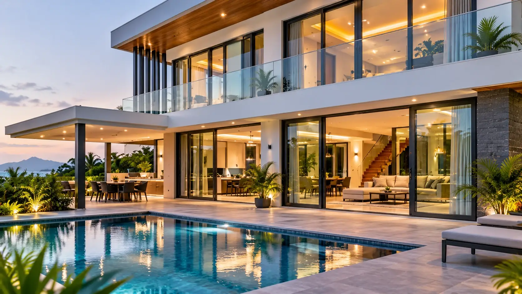 Concept illustration: villa with sliding glazing, glass balustrades and pool at dusk
