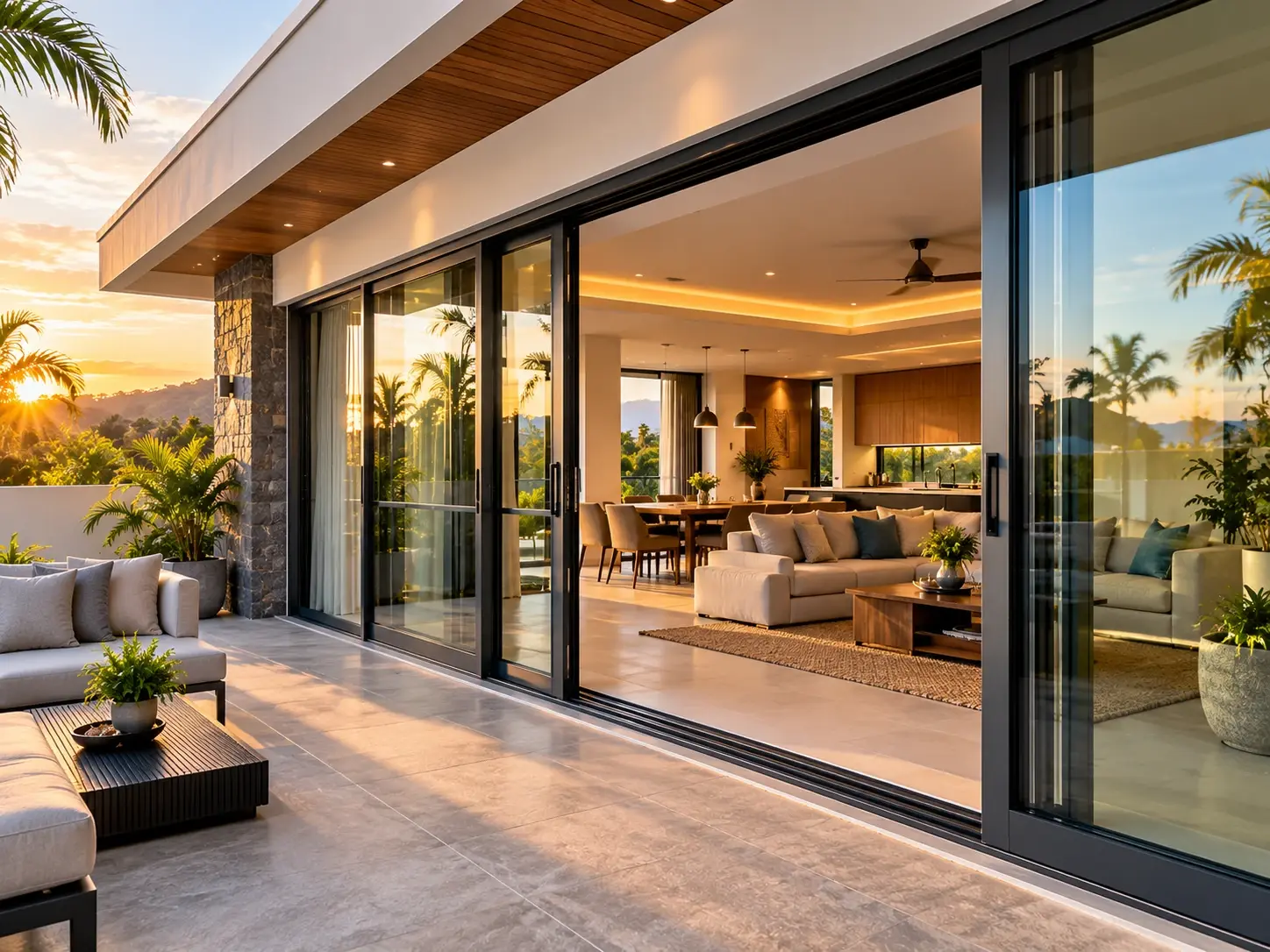 Concept illustration: terrace with large aluminium sliding doors at sunset
