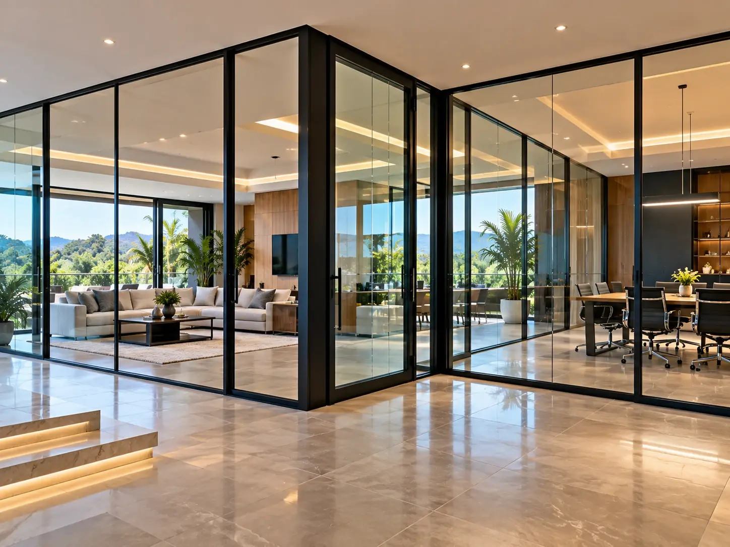 Concept illustration: interior with full-height black-framed glass walls