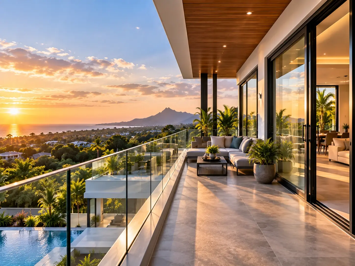 Concept illustration: balcony with a glass balustrade overlooking the sea at sunset