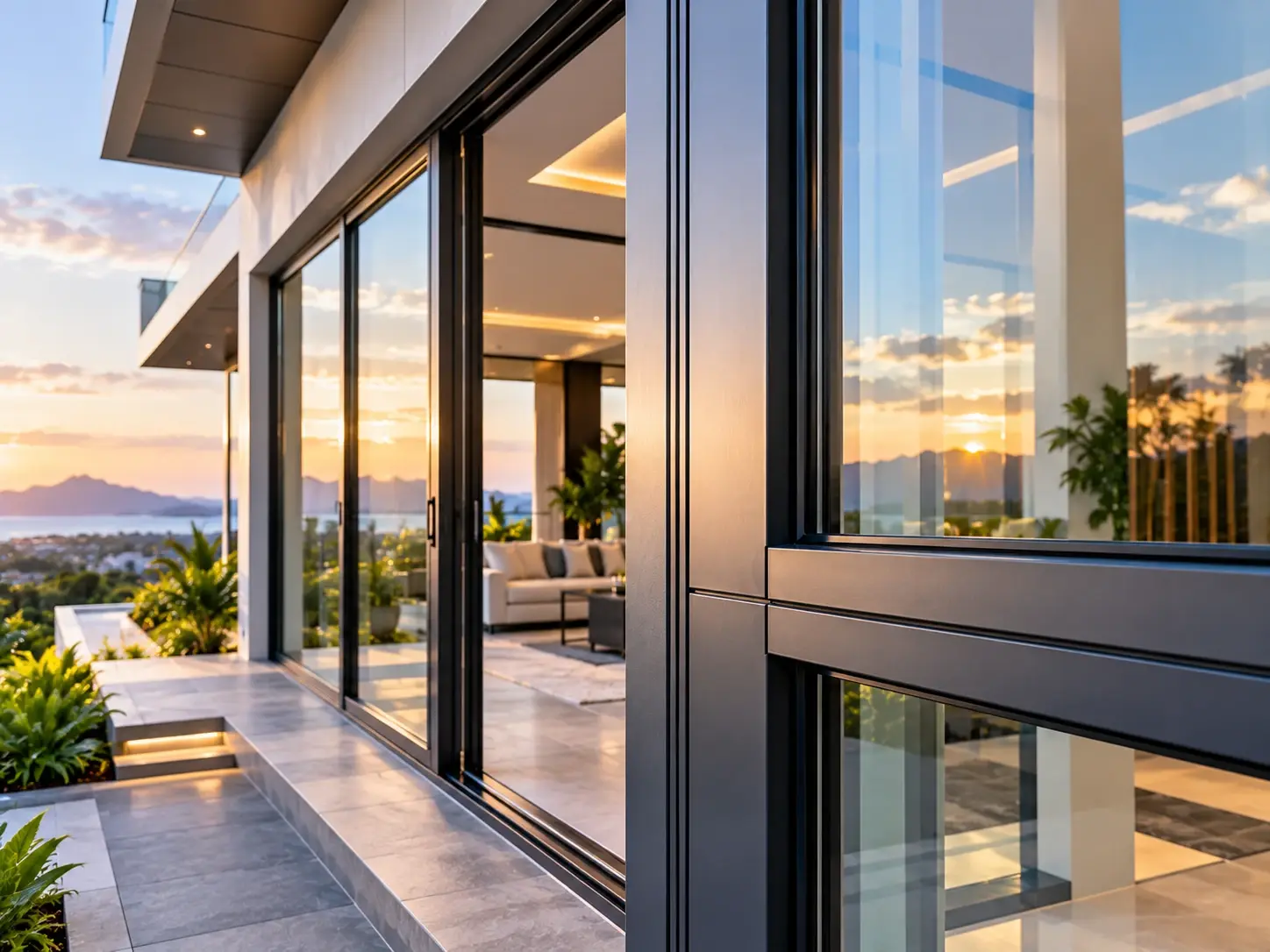 Concept illustration: close-up of an aluminium frame corner reflecting the sunset