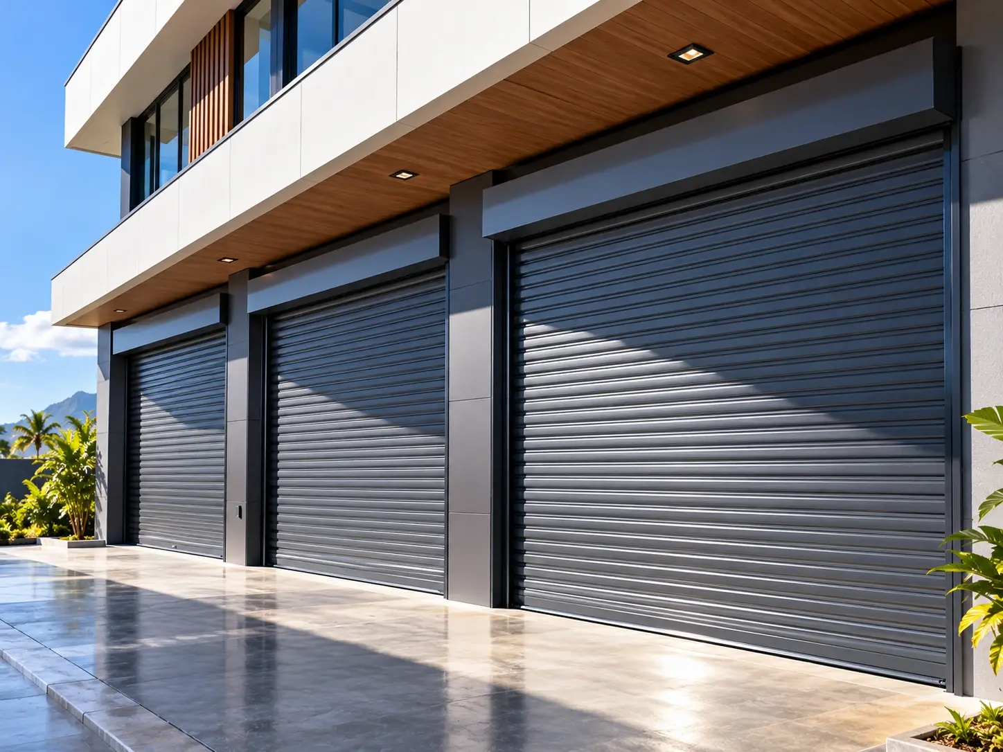 Three dark grey aluminium roller shutters on a modern residential garage