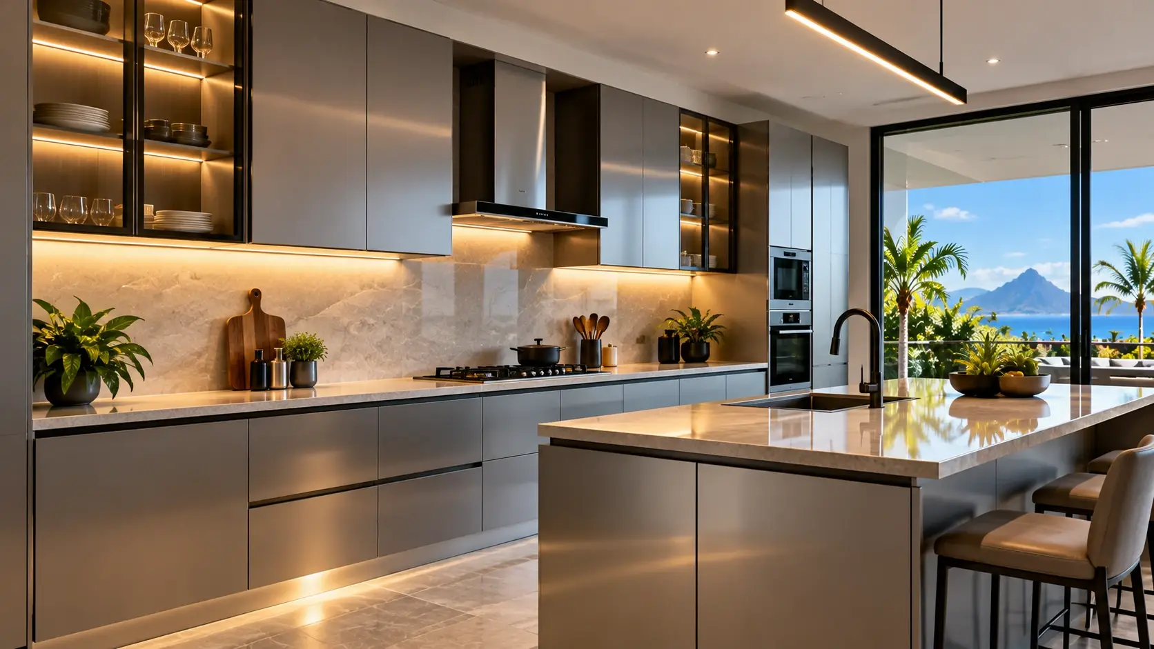 Modern kitchen with aluminium-framed glass wall cabinets and an island
