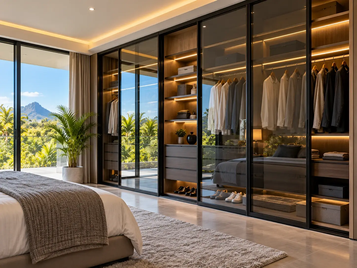Bedroom wardrobe with aluminium-framed glass sliding doors