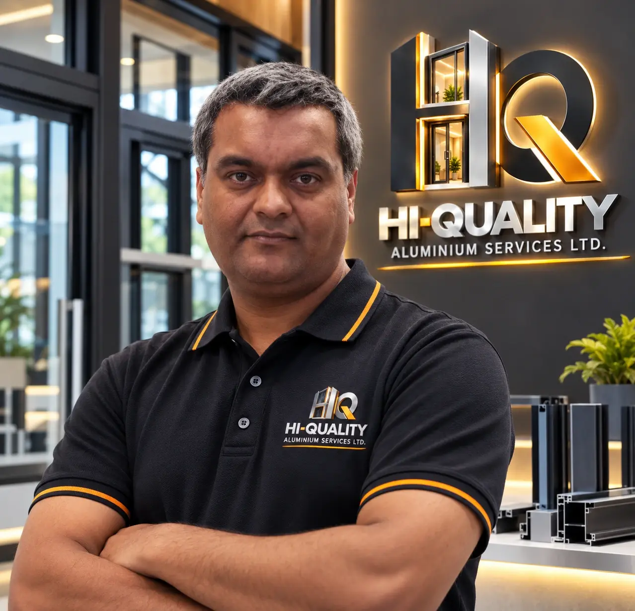 Vinay Beekomsing, Director of HI-QUALITY Aluminium Services, in a branded HI-QUALITY polo shirt