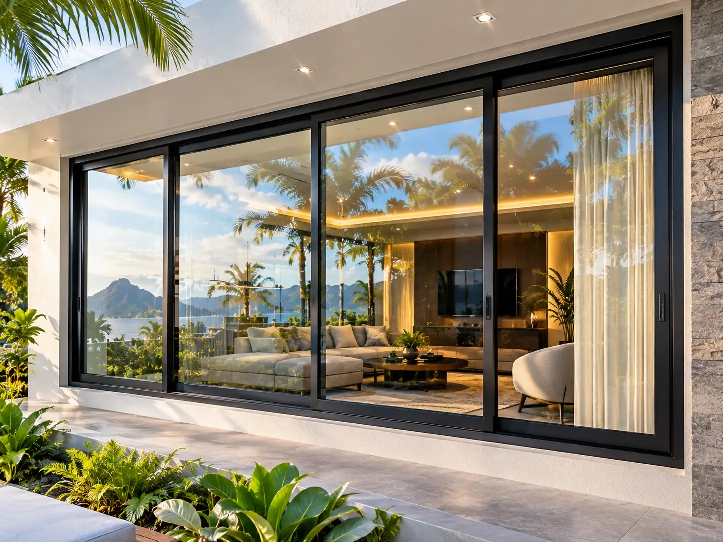Large black aluminium sliding window seen from a tropical garden into a living room