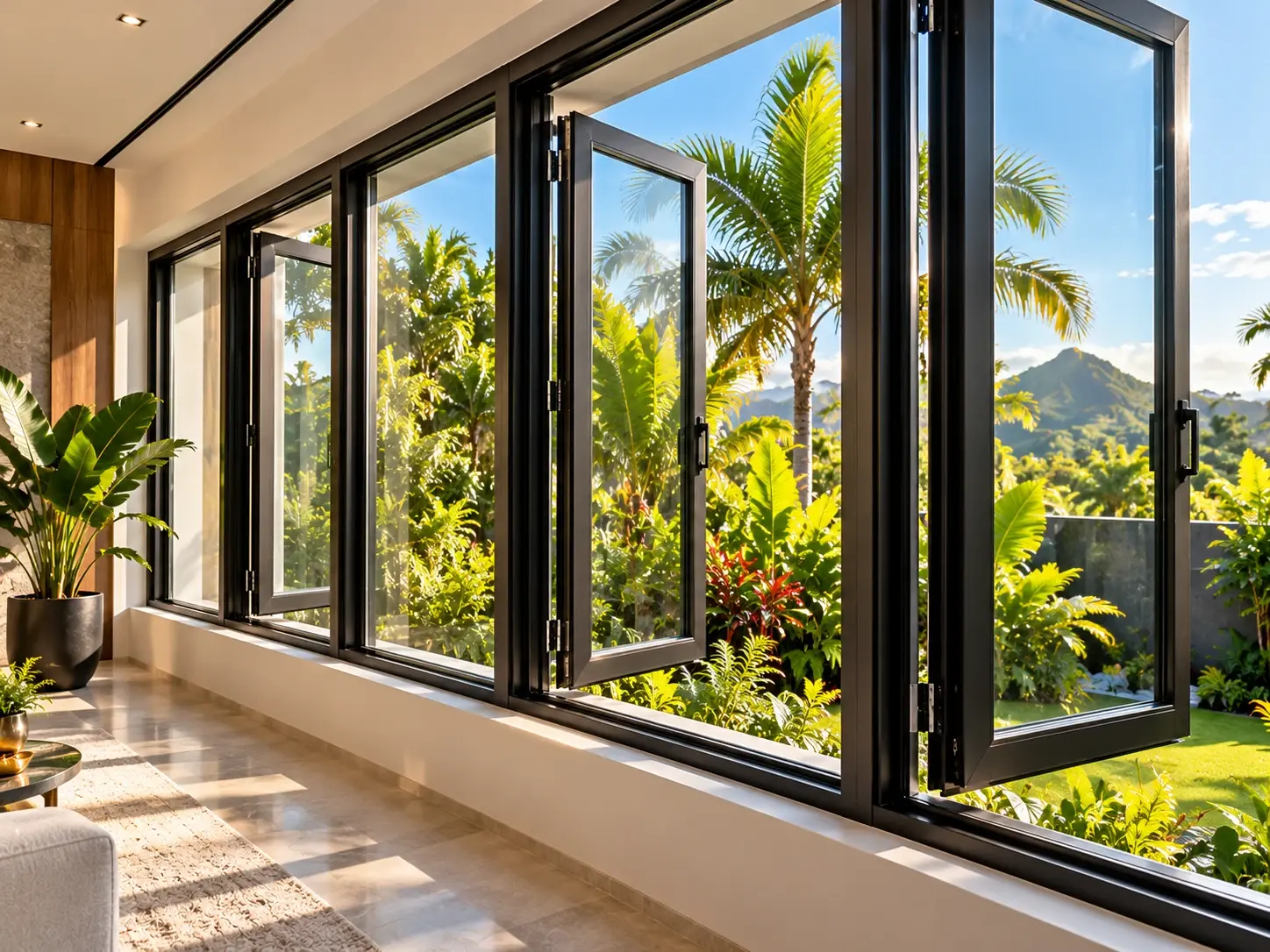 Open black aluminium casement windows overlooking a lush tropical garden