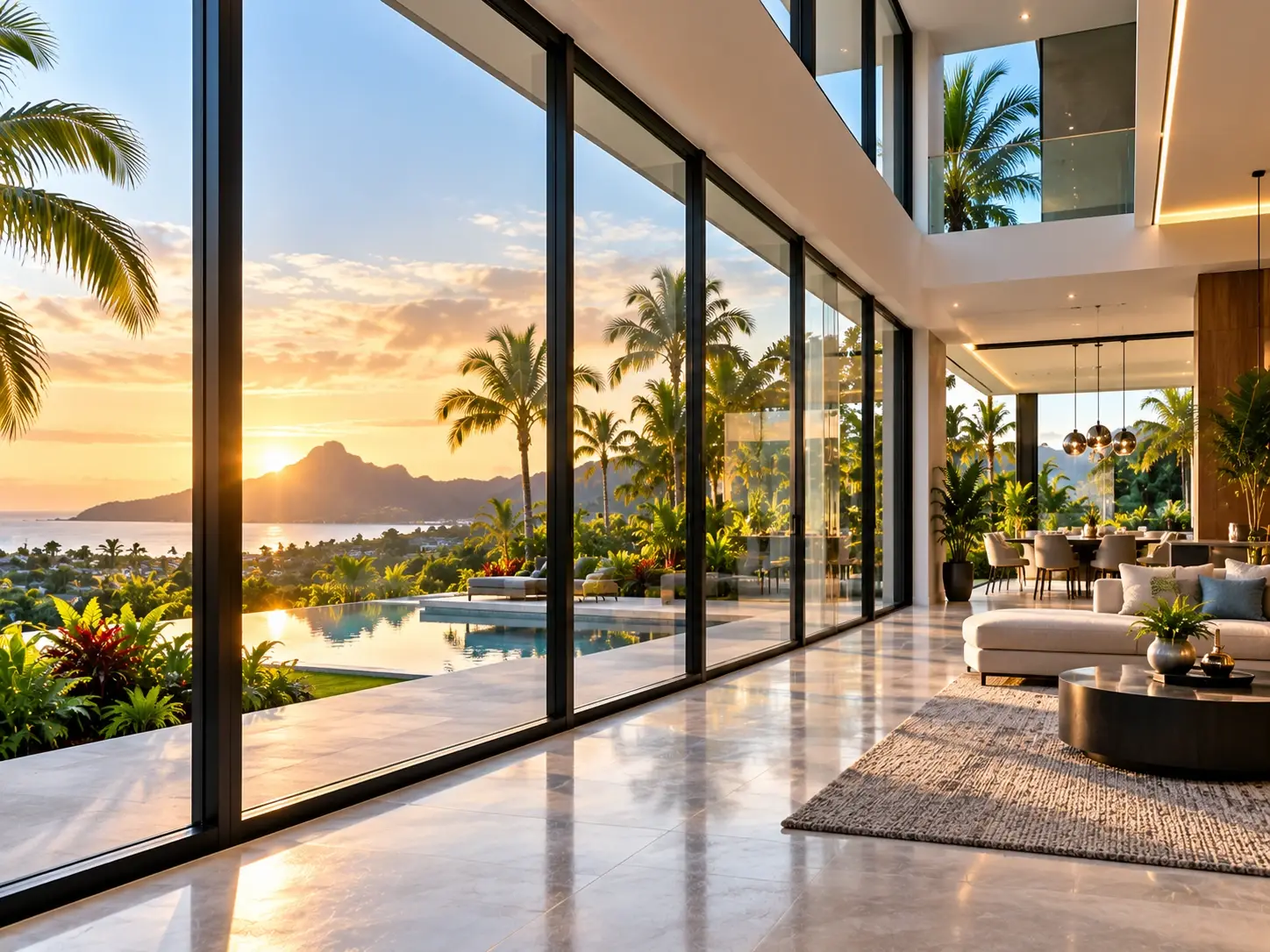 Floor-to-ceiling aluminium sliding glazing framing a sunset over a pool and mountains