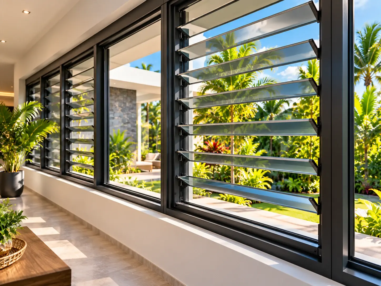 Aluminium louvre windows (jalousies) with angled glass blades and black frames