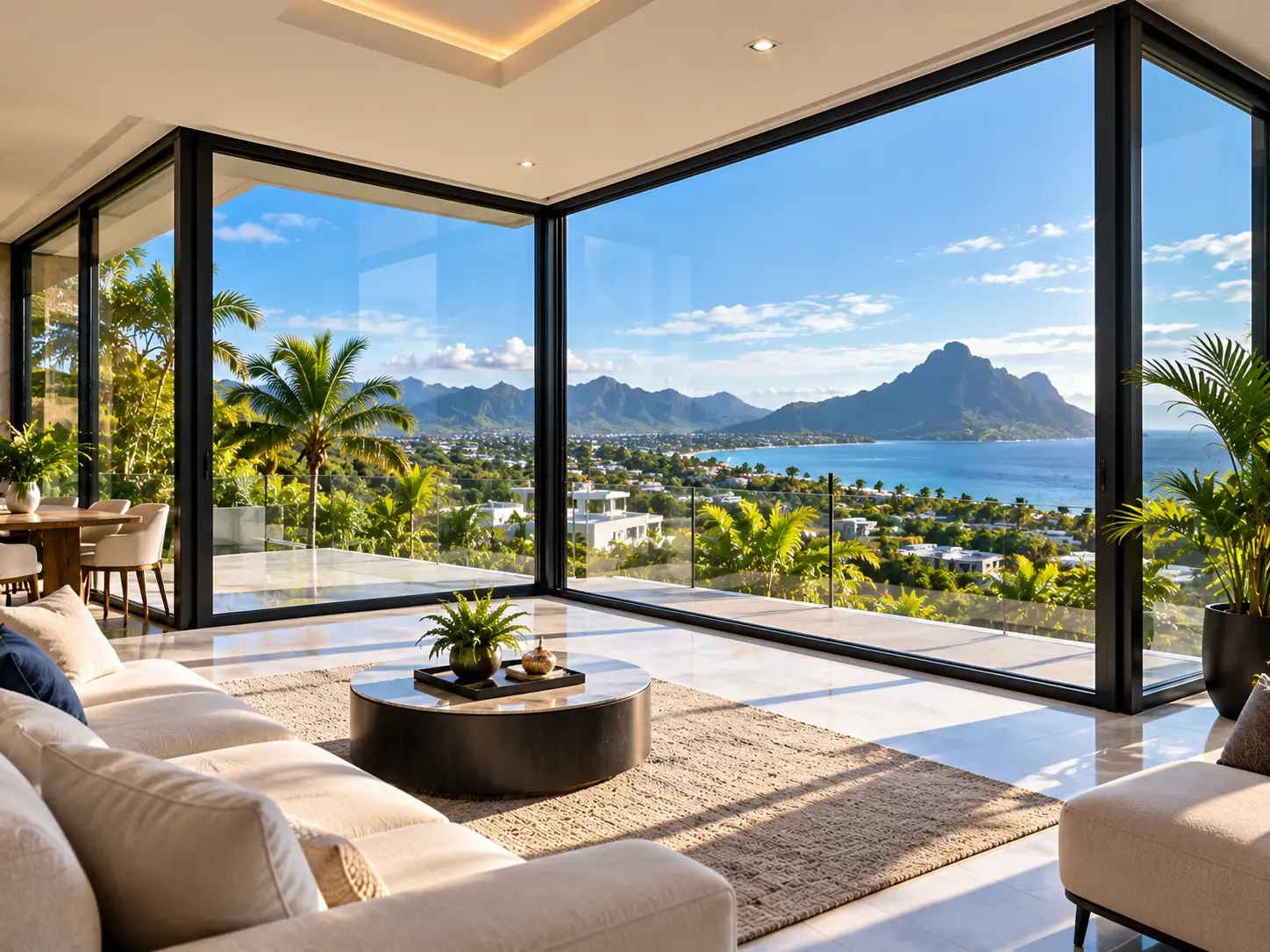 Living room with large fixed aluminium corner glazing overlooking sea and mountains