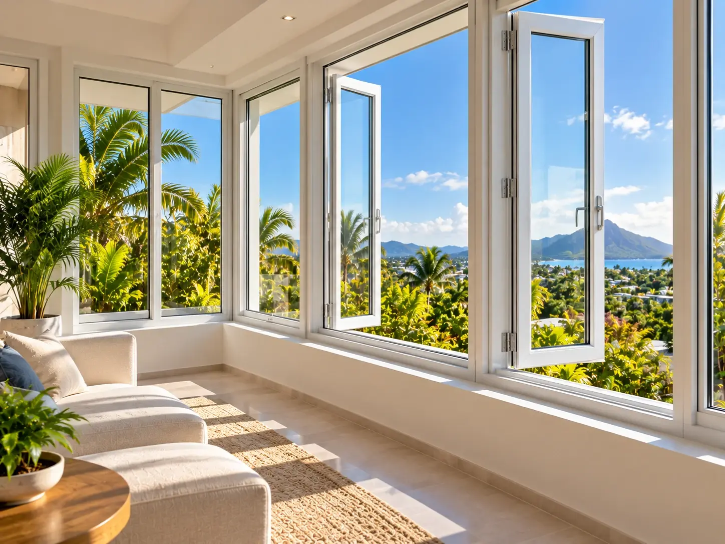 Bright room with white-framed aluminium casement windows opening to a coastal view