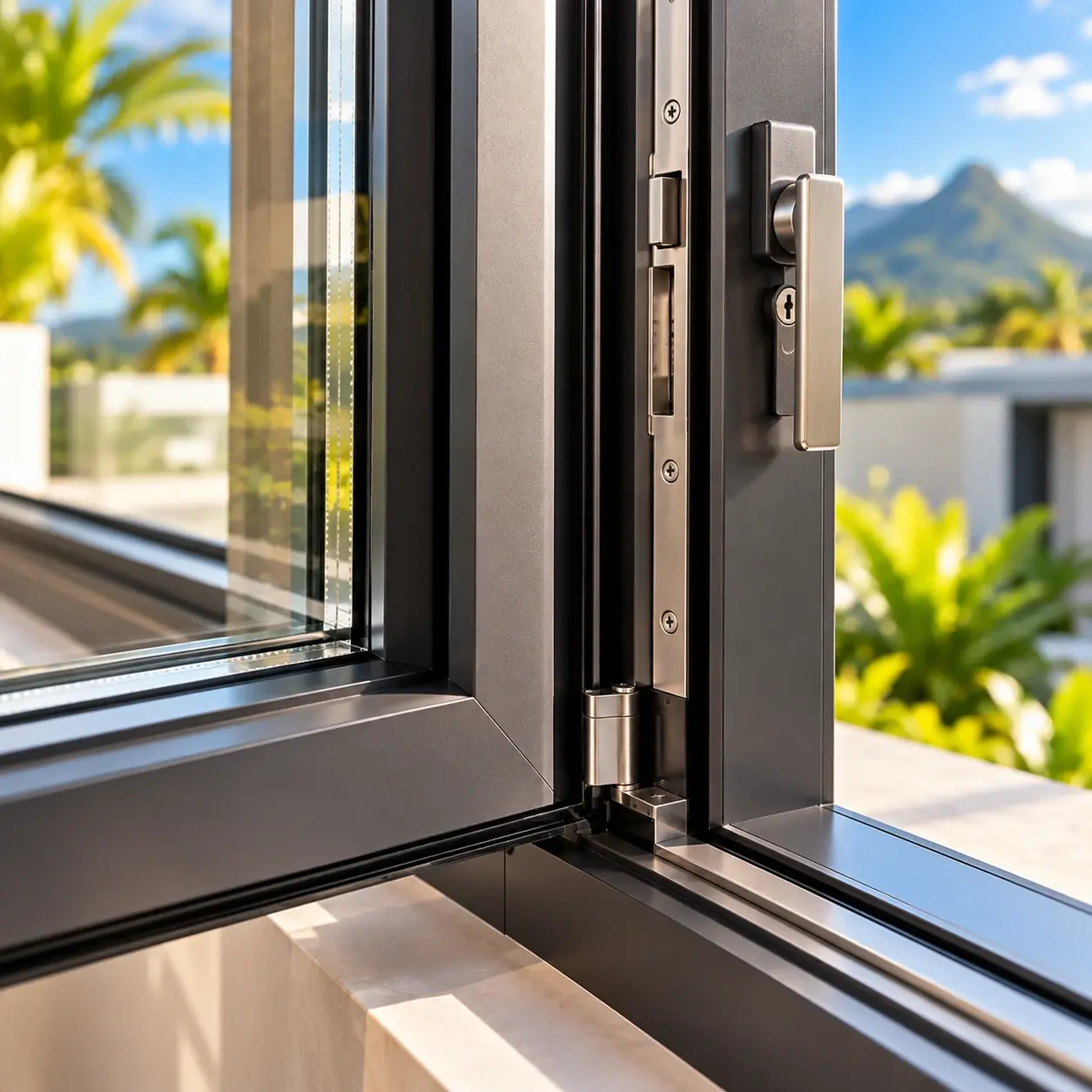 Detail of an aluminium window hinge and handle hardware on a black frame
