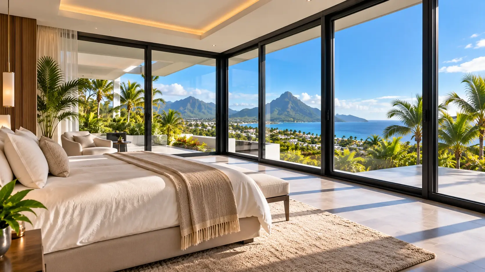 Bedroom with panoramic black aluminium sliding windows facing the ocean